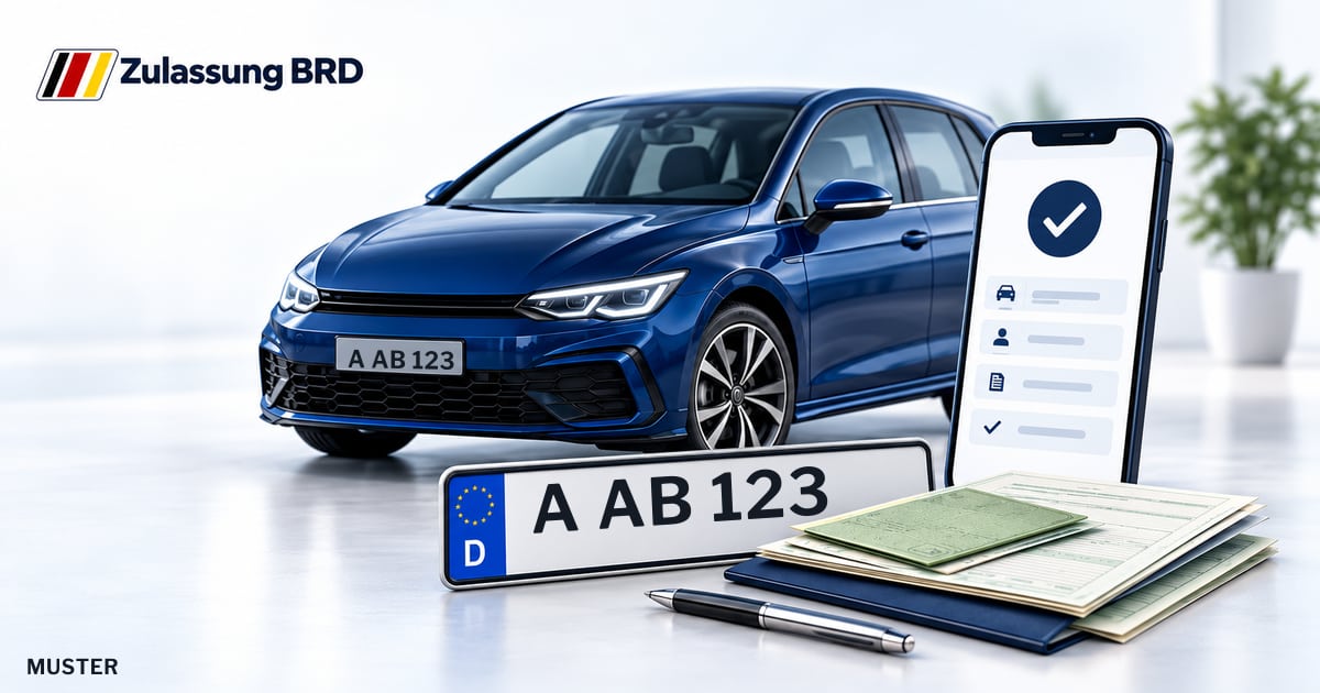 Online Fahrzeugzulassung in Königsbrunn: Musterkennzeichen A AB 123, Auto und Fahrzeugpapiere und Smartphone. Illustration mit Logo von Zulassung BRD.